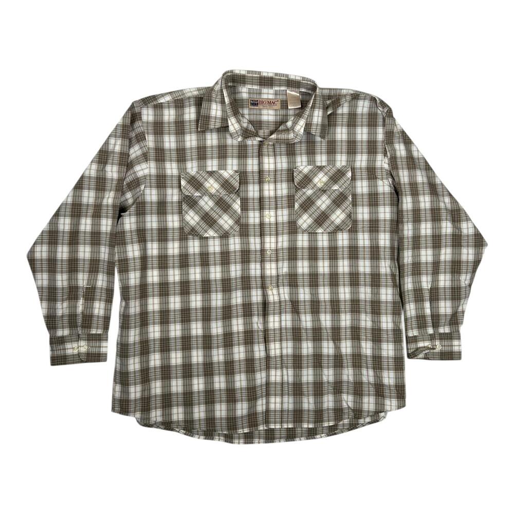 VTG Big Mac Shirt Mens 2XL Brown Plaid Long Sleeve Button Front Workwear Casual